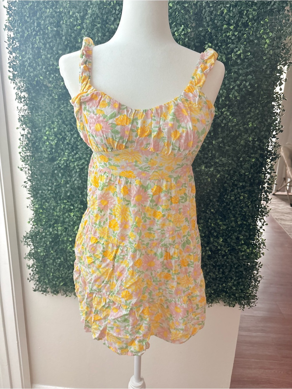 Derek Heart Yellow & Pink Floral Ruffle Strap Mini Dress